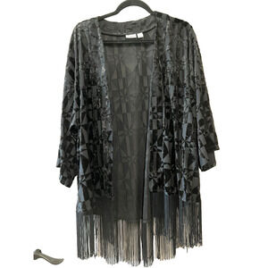 Women's Black Velvet Burnout Fringe Kimono Cardigan Boho Western Artsy Size XL